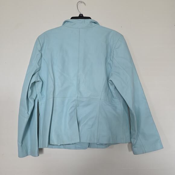 Vintage Baby Blue Leather Jacket Womens L Button Up Moto Y2K 90s Lined Pastel - Picture 6 of 11